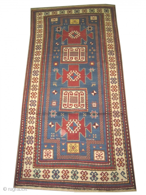 
Karatchop-Kazak Caucasian double prayer, knotted circa in 1890 antique, collector's item, 255 x 120 (cm) 8' 4" x 3' 11"  carpet ID: K-4729
The background color is sky blue, the surrounded large  ...