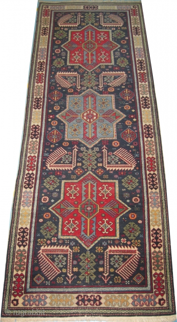 


Meshgin Persian, knotted circa in 1950, semi antique, 286 x 104 (cm) 9' 5" x 3' 5" carpet ID: HWB-2
Akstafa design, the three medallions are surrounded with peacocks, the center is slightly  ...