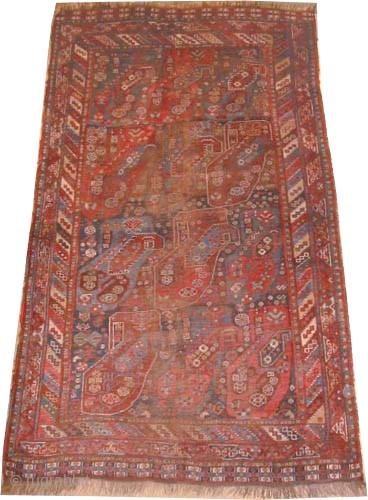 


Shiraz-Khamse Persian knotted circa 1920 antique, 226 x 138 cm  carpet ID: K-3682
The black knots are oxidized. The knots, the warp and the weft threads are wool. Both edges are finished  ...