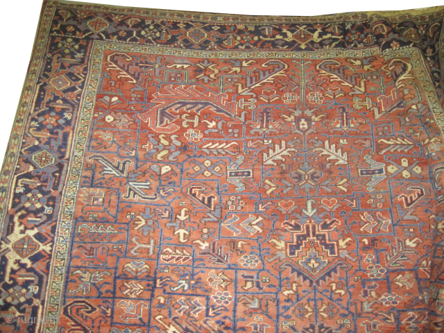 Heriz Persian, knotted circa 1935 semi-antique, 303 x 394 cm, ID: P-5197
Vegetable dyes, the black knots are oxidized, the knots are hand spun wool, all over design, the background color is warm ...