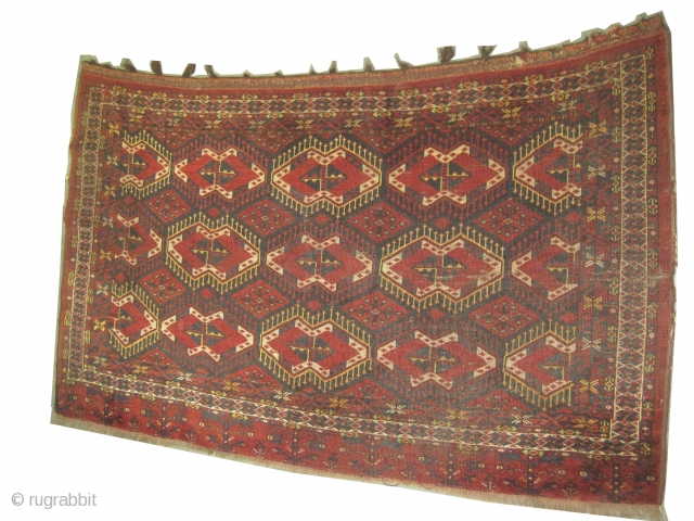 	

Tschwal Turkmen circa 1905 antique. Collector's item. Size: 177 x 107 (cm) 5' 10" x 3' 6"  carpet ID: SA-1196
Vegetable dyes, the black color is oxidized, the warp and the weft  ...