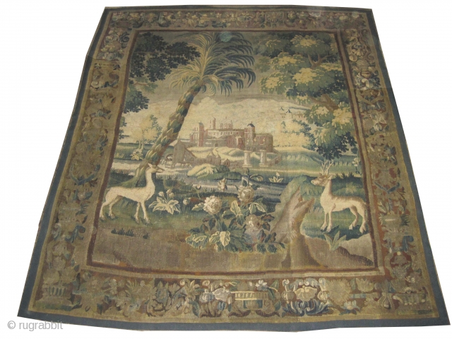 
Flemish Tapestry , 18 century, antique.  261 x 223 (cm) 8' 7" x 7' 4" Carpet ID: A-800
Woven with hand spun wool in good condition.       