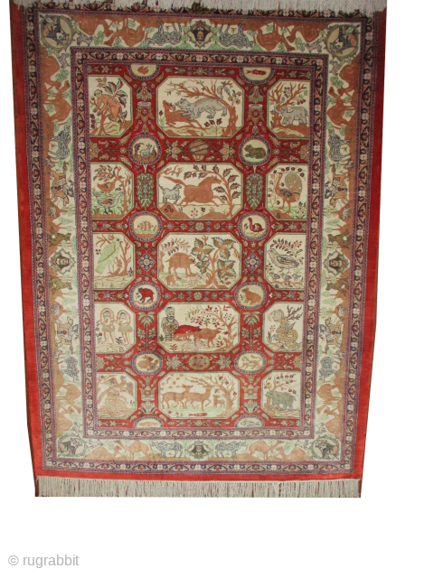 Indian silk rug. 1'000'000 knots in square meter. Signed, knotted circa 1935. 108 x 148 cm, ID: MWS-9
The knots, the warp and the weft threads are 100% silk. Geometric design, rust background,  ...