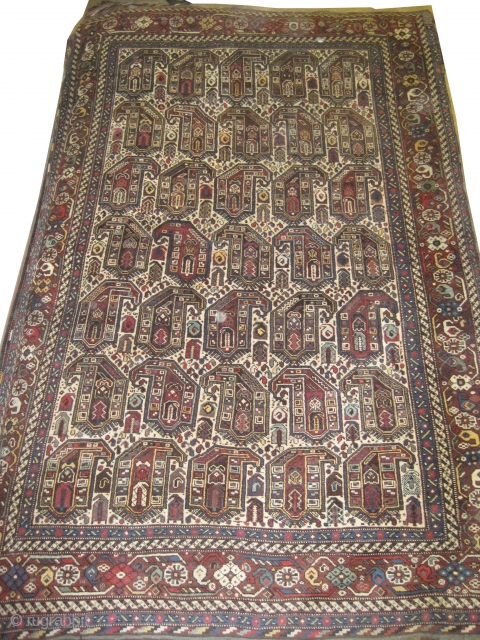 Shiraz Khamse Persian circa 1910 antique. Collector's item, Size: 277 x 177 (cm) 9' 1" x 5' 10"  carpet ID: K-5333
The black color is oxidized, vegetable dyes, the knots are hand  ...