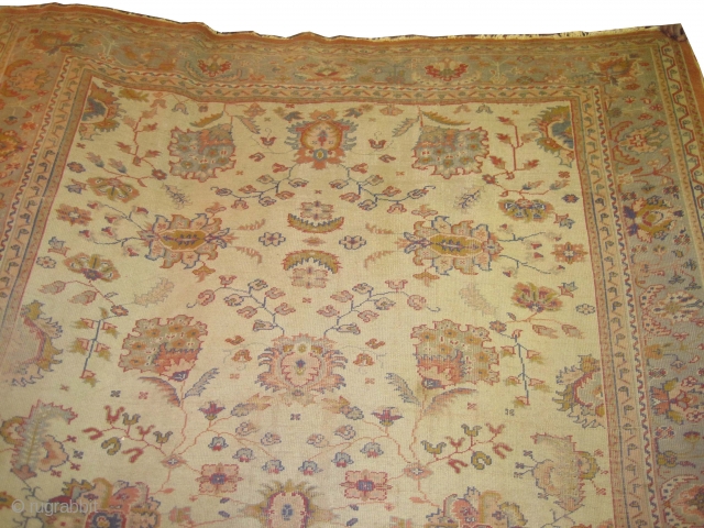 Ushak Anatolian circa 1905 antique. Size: 337 x 248 (cm) 11' 1" x 8' 2"  carpet ID: P-6006
The background color is ivory, the surrounded large border is pistachio green, certain places  ...