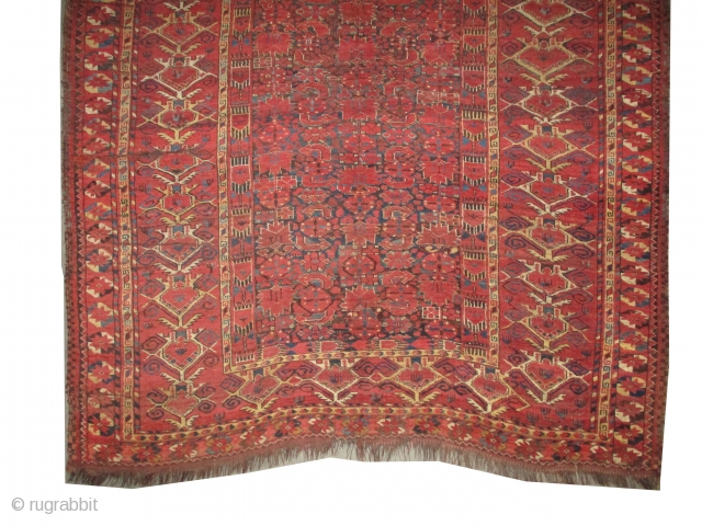 

Beshir Turkmen knotted circa in 1860 antique, 405 x 202 (cm) 13' 3" x 6' 7"  carpet ID: P-631
The black knots are oxidized. The knots, the warp and the weft threads  ...