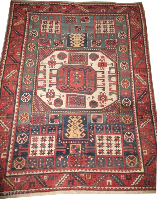 



Karatchoph Caucasian knotted circa 1860 antique, collectors item, 215 x 164 cm 
 carpet ID: NO-987
The black knots are oxidized, thick pile, the selvages are woven on two lines with wool.
  