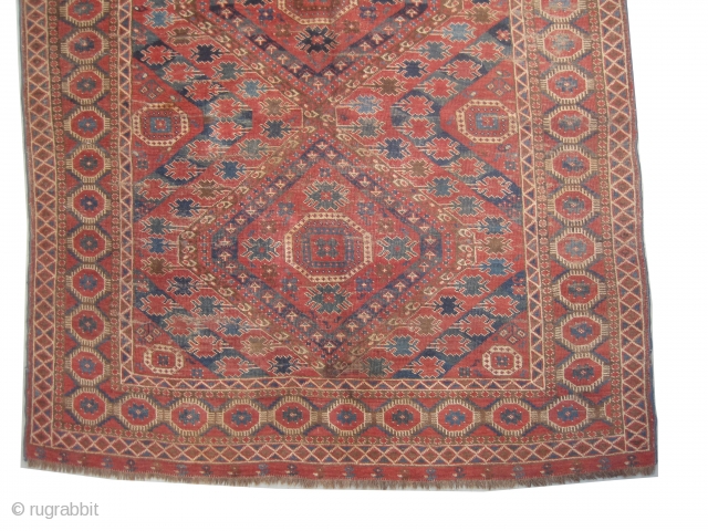 Beshir Turkmen, antique, collectors item, 160 x 323 cm,  carpet ID: P-5103
Geometric design, the background color is indigo with terracotta, 80% the pile is high, up at the left corner the  ...