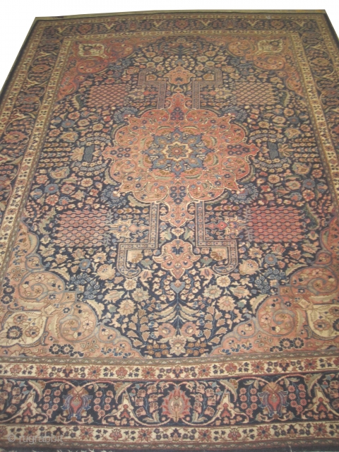 

 Tabriz Persian, knotted circa in 1935, semi antique, 384 x 283 (cm) 12' 7" x 9' 3" 
 carpet ID: UOE-1
The black knots are oxidized, the knots are hand spun wool,  ...