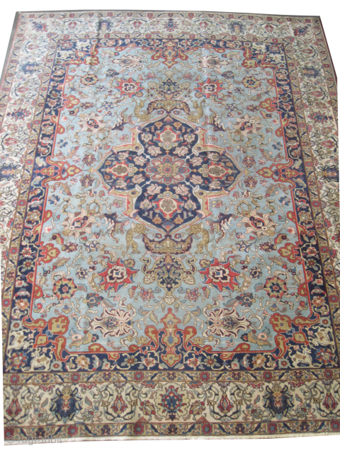 
Tabriz Persian, knotted circa 1920 antique, 267 x 350 cm, ID: P-5137
Vegetable dyes, the knots are hand spun lamb wool, the background color is sky blue decorated with flowers and animals, the  ...