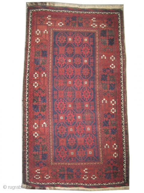 Belutch Persian circa 1910 antique. Collector's item, Size: 145 x 80 (cm) 4' 9" x 2' 7" 
 carpet ID: E-435
Fine knotted, acceptable condition, the oxidized places are slightly shorter than the  ...