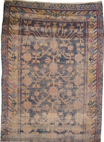 Khotan Samarkant  antique. Size: 356 x 94 (cm) 11' 8" x 3' 1"  carpet ID: K-4672
The pile is uniformly used, all over pomegranate design, very fine knotted, soft and worn. 