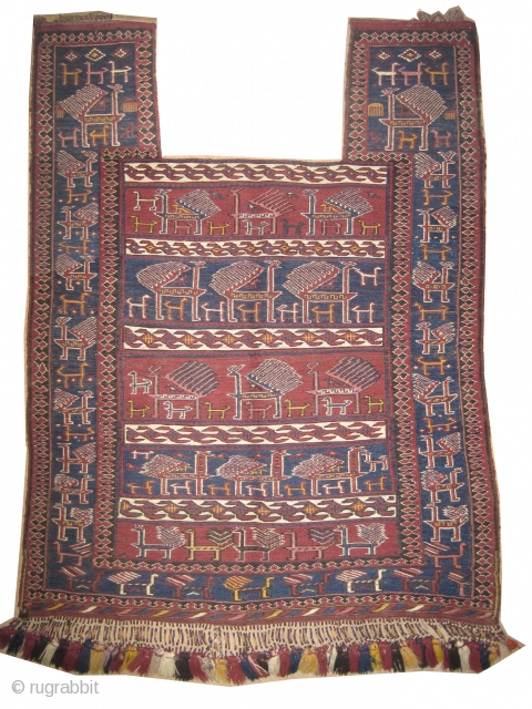 	

Horse cover Soumak Caucasian, woven circa in 1905 antique, collector's item, 128 x 98 (cm) 4' 2" x 3' 3"  carpet ID: A-111
In perfect condition, the white colour is cotton the  ...