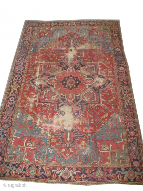 Heriz Persian, knotted circa 1915 antique, 215 x 315 cm, carpet ID: P-4994
The black knots are oxidized, the knots are hand spun wool, certain places to be knotted.     