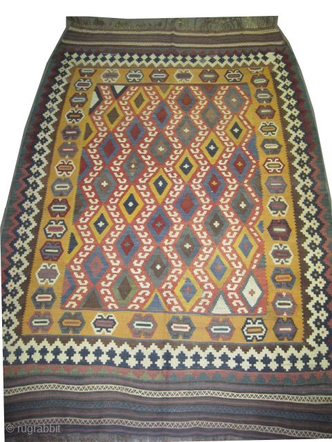 
Qashqai Kelim Persian, woven circa 1905, antique, collectors item, 150 x 230 cm, ID: A-498
Vegetable dyes, woven with hand spun 100% wool, in perfect condition, the background color is soft yellow, allover  ...