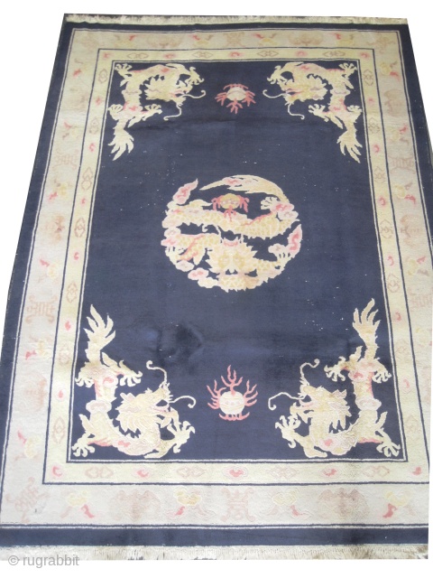 
Chinese, dragon design, knotted circa 1935 semi antique, 216 x 295 cm, ID: P-2198
The background color is indigo, the center and the corners are designed with dragons, at the background minor places  ...