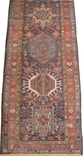 	

Karadja Persian circa 1910 antique. Size: 338 x 91 (cm) 11' 1" x 3'   carpet ID: K-3870
Geometric design with 7 center medallions, the background color is indigo, the pile is  ...