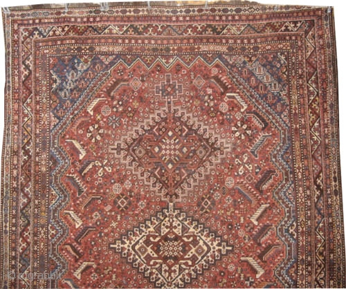 Qashqai Persian circa 1915 antique. Size: 317 x 226 (cm) 10' 5" x 7' 5"  carpet ID: P-5966
The background color is rust with three center medallions, soft carpet, acceptable condition.  