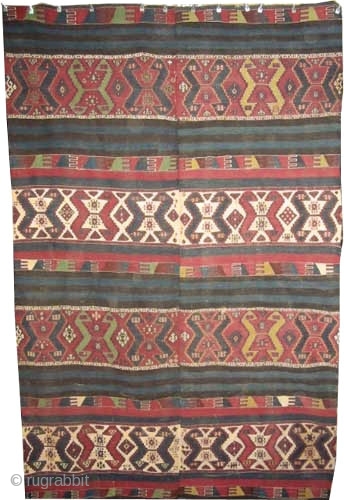 

Anatolian kilim circa 1870 antique. Collector's item, Size: 420 x 164 (cm) 13' 9" x 5' 5"  carpet ID: A-1059
The white color is cotton the rest part is 100% wool, certain  ...