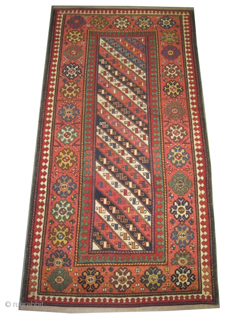 
Gendja Caucasian, knotted circa in 1870 antique, collector's item. 224 x 116 (cm) 7' 4" x 3' 10"  carpet ID: V-178
High pile, in good condition, minor repairs are done, soft and  ...