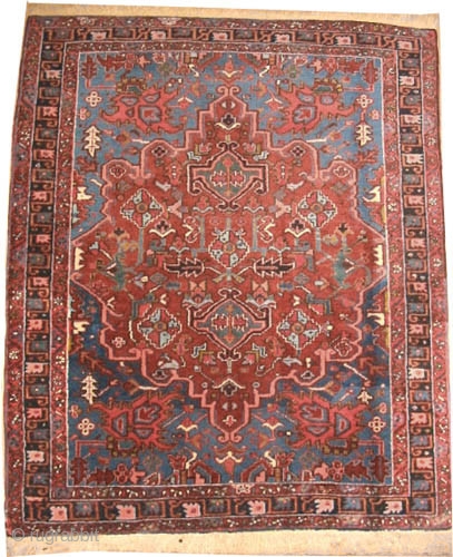 

Heriz Persian, knotted circa in 1935 semi-antique, 180 x 154 (cm) 5' 11" x 5' 1"  carpet ID: K-4801
The black knots are oxidized, the knots are hand spun lamb wool, the  ...
