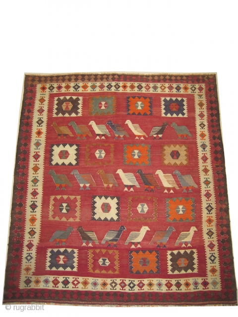	

Qashqai kelim Persian, mid 20th century. Size: 179 x 160 (cm) 5' 10" x 5' 3"  carpet ID: 6682
Flat woven with hand spun wool, geometric design with partridges, perfect condition and  ...