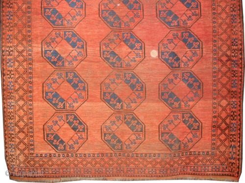 
Ersari Gull Afghan circa 1920 antique. Size: 262 x 214 (cm) 8' 7" x 7'  carpet ID: P-1641
All over geometric design, certain places the pile is slightly used, fine knotted, elegant  ...