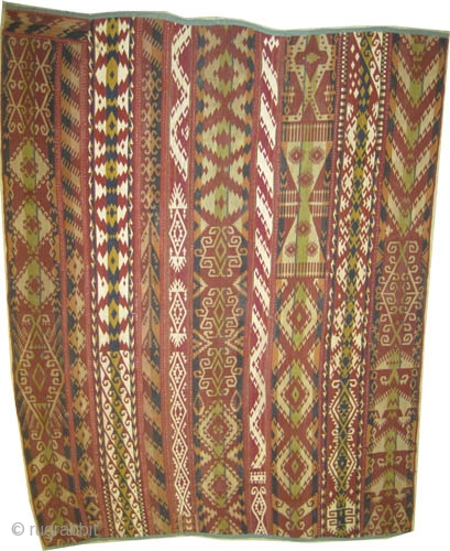 Northern Afghanistan Uzbek Gizlai flatwoven band fragment (almost half of the original) circa 1915 antique. 	
CarpetID: SA-546, Size: 196 x 155 (cm) 6' 5" x 5' 1" 
Woven with very fine hand  ...