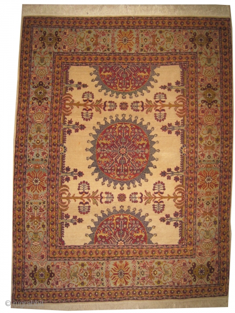  	

Hajijelili-Tabriz Persian knotted circa in 1915 antique, collector's item, 169 x 129 (cm) 5' 6" x 4' 3"  carpet ID: K-185
The background color is ivory, the surrounded large border is  ...