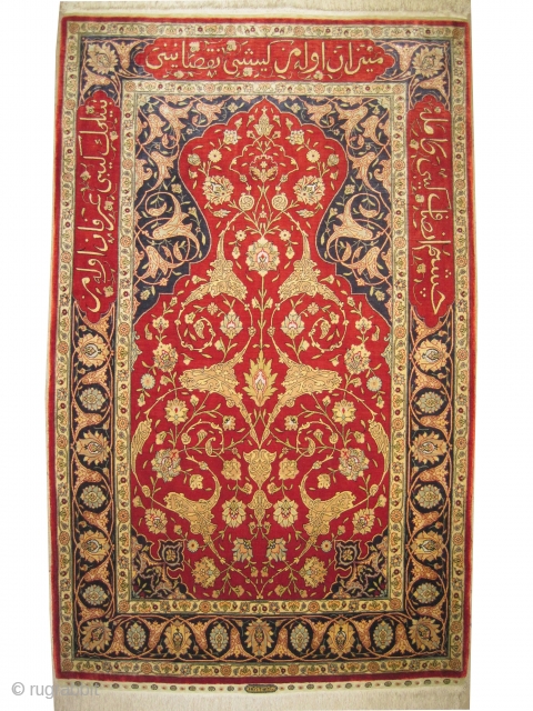 
Hereke silk prayer knotted in 1959, signed as: Euzer Ipeck Hereke. 147 x 91 (cm) 4' 10" x 3'  carpet ID: S-75
The knots, the warp and the weft threads are 100%  ...