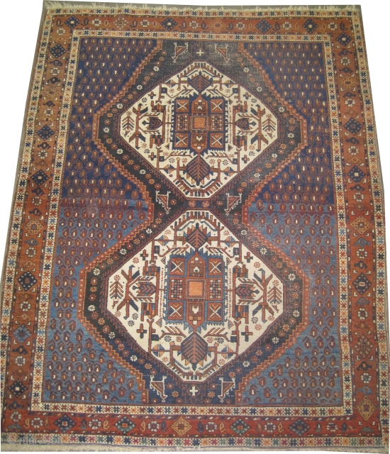 


Afshar Persian, old, 192 x 154 (cm) 6' 4" x 5' 1"  carpet ID: K-2890
The knots are hand spun lamb wool, the background is blue, both medallions are ivory,  fine  ...