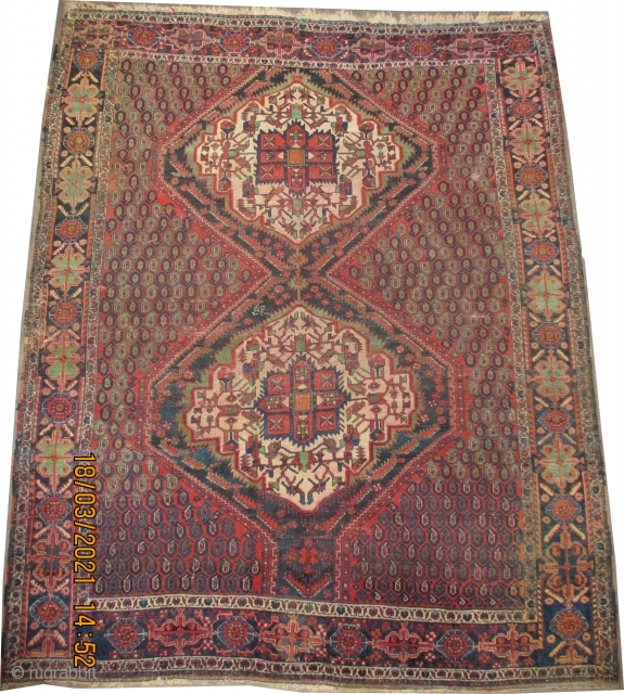 

 Afshar Persian, old, 170 x 143 (cm) 5' 7" x 4' 8"  carpet ID: K-5581
The black knots are oxidized, the knots are hand spun wool, the pile is slightly short,  ...