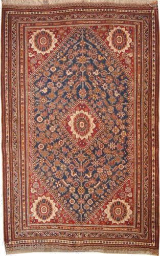 

Mille Fleurs Qashqai Persian, knotted circa 1910 antique, collector's item, 128 x 203 cm, ID: K-570
Vegetable dyes, indigo background, high pile, in perfect condition, the knots are hand spun lamb wool, the  ...