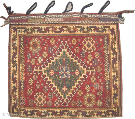 	
Qashqai Persian circa 1920 semi antique, collector's item, Size: 61 x 57 (cm) 2'  x 1' 10"  carpet ID: K-5106
Perfect condition, the back side covered kelim is original, the background  ...