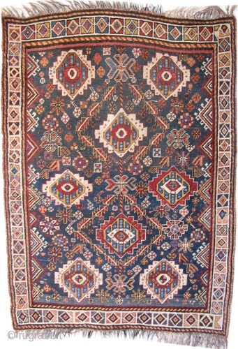 Qashqai Persian circa 1900 antique. Collector's item, Size: 138 x 100 (cm) 4' 6" x 3' 3"  carpet ID: K-652
The background color is indigo with abrashes, the surrounded large border is  ...
