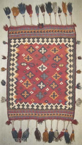 	

Qashqai Persian kilim circa 1915 antique, collector's item, Size: 107 x 76 (cm) 3' 6" x 2' 6"  carpet ID: LM-8
Woven with hand spun 100% wool, surrounded with tassels, both faces  ...