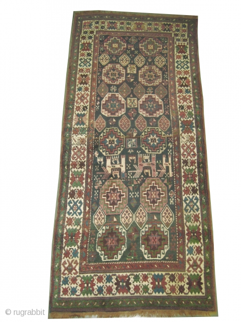 	

Moghan Caucasian knotted circa in 1900 antique, collector's item, 295 x 126 (cm) 9' 8" x 4' 2"  carpet ID: K-3339
The selvages are woven on three lines with wool, the background  ...