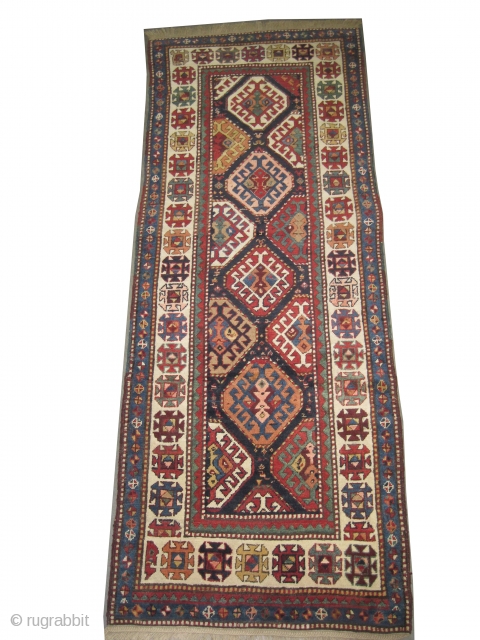  	

Gendja Caucasian knotted circa in 1900 antique, collector's item. 258 x 98 (cm) 8' 6" x 3' 3"  carpet ID: K-3769
High pile, in good condition, soft, both edges are already  ...