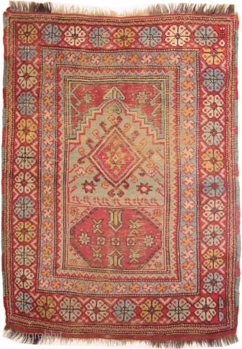 

Bergama Ada prayer Turkish knotted circa in 1890 antique, collector's item, 158 x 121 (cm) 5' 2" x 4'  carpet ID: K-5099
Rare example, a village rug, the black knots are oxidized,  ...