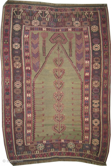 
Erzouroum kilim Anatolian, woven circa in 1860 antique, collectors item, 180 x 125 (cm) 5' 11" x 4' 1"  carpet ID: A-1279
Woven with hand spun wool and certain designs with brocade,  ...