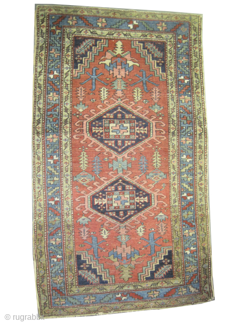 Serapi Heriz Persian, knotted circa 1905 antique, collector's item, 100 x 172 cm, ID: K-3284
Vegetable dyes, the brown knots are oxidized, uniformly short pile, the knots are hand spun wool, the background ...