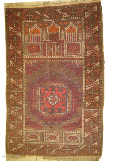 
belutch prayer Persian, semi antique, 120 x 76cm  carpet ID: DD-9
The knots, the warp and the weft threads are hand spun wool, the black knots are oxidized, the selvages are woven  ...