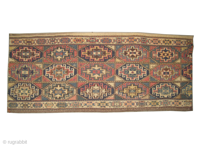 Moghan Caucasian, woven circa 1890, antique, collectors item, 49 x 114 cm, ID: A-298
Vegetable dyes, woven with reverse technique of Soumak and hand spun wool, geometric design, the edges are finished with  ...