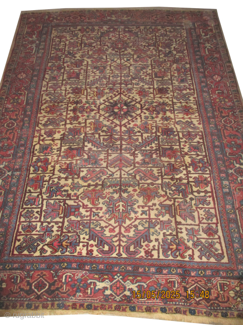 Heriz Persian, knotted circa 1920, antique, 230 x 322 cm, ID: BS-1
Vegetable dyes, the knots are hand spun wool, ivory background, all over design, thick pile, in perfect condition.