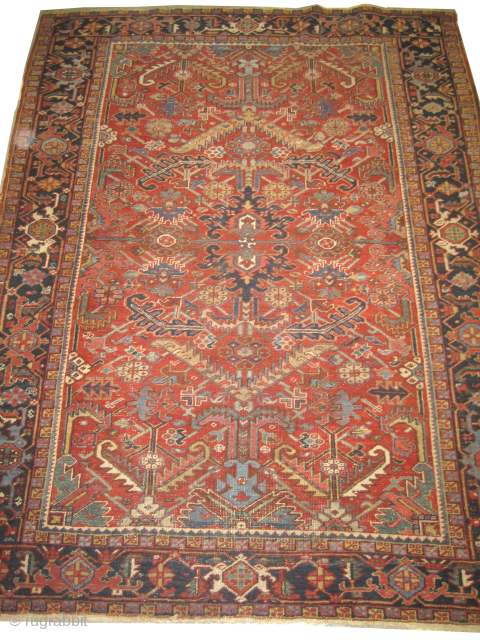 Heriz Persian, knotted circa 1920 antique, collector's item, 195 x 260 cm, ID: KCH-1
Vegetable dyes, the knots are hand spun wool, the black knots are oxidized, the background color is brick, allover ...