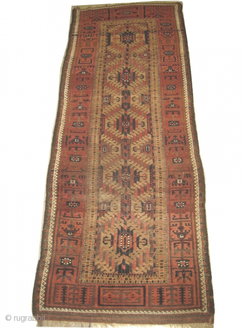 Belutch Persian circa 1910 antique, size: 105 x 275cm, carpet ID: ES-3
Geometric design, five medallions, rare example, good condition except some oxidized used places to be repaired, camel hair background.   