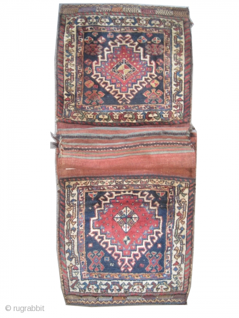 Qashqai saddle-bag Persian circa 1905 antique. Collector's item. Size: 109 x 58 (cm) 3' 7" x 1' 11"  carpet ID: SA-473
The knots are hand spun lamb wool, the warp and the  ...