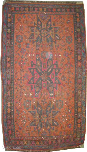 Soumak Caucasian, antique, collectors item, 122 x 212 cm, ID: A-992
The black color is oxidized, very finely woven with hand spun 100% wool and Soumak technique, at the center three Caucasian Lezgi  ...