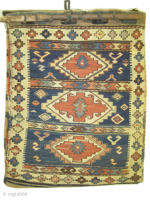 

	
Antique torba Caucasian, collectors item, 52 x 65 cm / 1'8" x 2'1" feet,  ID: BV-8
Vegetable dyes, very finely woven with Soumak technique and hand spun wool, three medallions, blue background,  ...