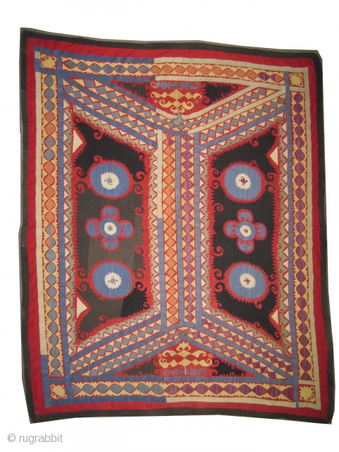 Suzani Uzbek  Size: 150 x 123 (cm) 4' 11" x 4' 
  carpet ID: A-1101
Uzbek/Tashkent. Embroidered with silk on hand woven linen, three tiny holes (0.5x0.5 cm)to be repaired. Rare  ...